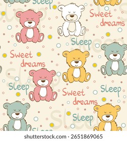 A playful pattern featuring cute bears and sleep-related phrases
