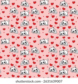 A playful pattern featuring cute bulldogs surrounded by red hearts on a soft pink background. This charming design is perfect for children's products, pet-themed items.