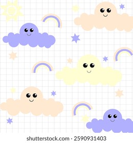 A playful pattern featuring cute clouds and rainbows, perfect for children's decor and apparel.