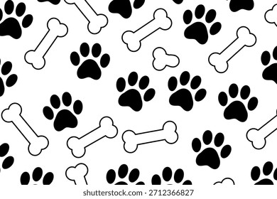 Patrón juguetón con huellas de pata de perro y contornos de hueso sobre fondo blanco