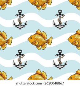 A playful pattern featuring goldfish and anchors on a light blue wavy background. The goldfish are vibrant orange with detailed scales, while the anchors are illustrated in a classic style.