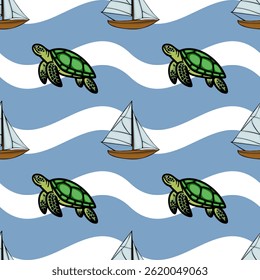 A playful pattern featuring green turtles swimming among stylized waves and sailboats. The background is a soft blue with white wavy lines, creating a cheerful marine theme.