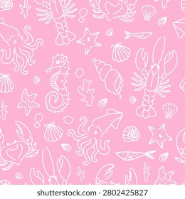 Playful pattern featuring hand-drawn sea creatures, shells, and starfish on a pink background. Ideal for kids‚Äô decor and textile design.