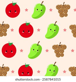 A playful pattern featuring smiling fruits and cookies, perfect for children's decor and apparel