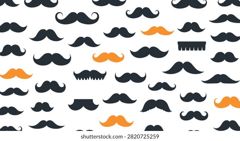 Playful pattern featuring various black moustache styles with occasional orange accents for a fun and quirky design aesthetic.