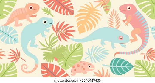 A playful pattern featuring various cartoon lizards in pastel colors, set against a backdrop of stylized tropical leaves.
