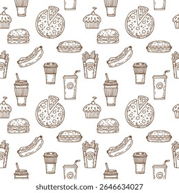 A playful pattern featuring various fast food items like burgers, pizza, cupcakes, and drinks, perfect for culinary-themed designs.