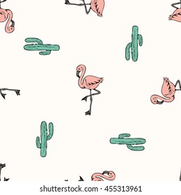 Lamingo y cactus tropicales impresos para camisetas, prendas de vestir, textiles o envolturas. Papel pintado con elementos naturales y veraniegos en negro, blanco y varios colores. El vector es transparente y repetible.