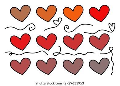 Ein spielerisches Muster aus handgezeichneten Herzen in warmen Farben mit fließenden Linien, die Liebe, Wärme und Kreativität für romantische und dekorative Designs ausdrücken.