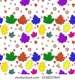 Playful pattern with hearts made of flowers and colorful leaves. Created in doodle style for warm and romantic projects