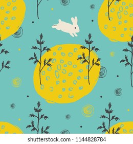 Playful pattern for kids with white rabbit.