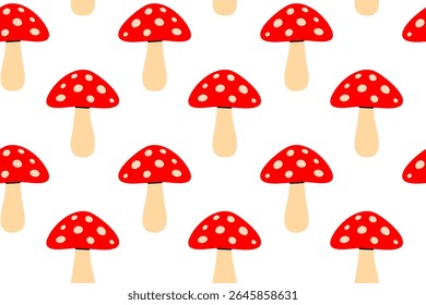 Playful pattern of red amanita mushrooms with white dots, perfect for fairytale themes, autumn decor, and children's design