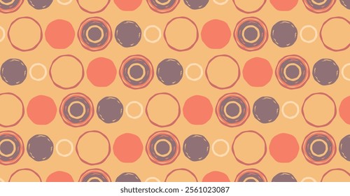 A playful pattern with repeating circles in various shades of orange and purple. Vector pattern featuring a simple yet visually appealing arrangement.