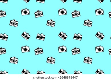 Padrão brincalhão de câmeras pretas retro em turquesa vibrante, perfeito para mercadoria com tema de fotos, marca divertida, embalagem criativa ou recursos de scrapbook