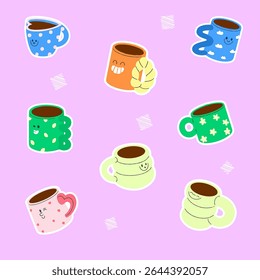 Playful pattern of smiling coffee mugs in bright colors on lilac backdrop. Flat vector style, sticker outline. Great for kids prints, packaging, stationery, café branding.