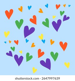 
Um padrão divertido de vários tamanhos, corações coloridos (laranja, verde, roxo, amarelo, azul) espalhados em um fundo azul claro