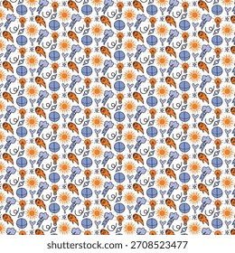 Playful Pattern of Whimsical Elements with Stars Sun and Clouds