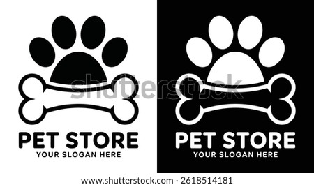 Playful paw and bone logo for pet shops representing quality supplies and loving care for dogs cats and small animals