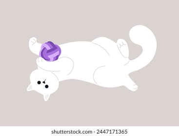 Playful Paws and Purple Ball, A Cats Blissful Afternoon Romp, A white kitten lazily lies belly up, clasping a toy