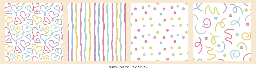 Playful Pencil Drawn Doodle Seamless Pattern Set. Sketchy hearts Wavy lines Scribbled polka dots Abstract squiggles Backgrounds. Template for Kids design, stationery, wrapping paper, Fabric prints