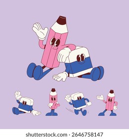 Playful Pencil and Eraser Characters in a Retro Cartoon Style. friendship and friends