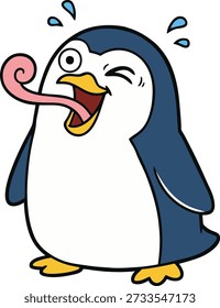 Vector de mascota de pingüino juguetón con un pingüino de dibujos animados alegre con una expresión de guiño tonto, lengua fuera y gotas de sudor, ideal para diseños infantiles, pegatinas, marcas y gráficos de redes sociales
