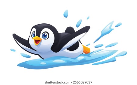 Playful penguin splashing through snow with excitement. Vector cartoon character illustration