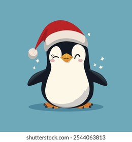 Playful penguin wearing santa hat. Cartoon character. Vector illustration