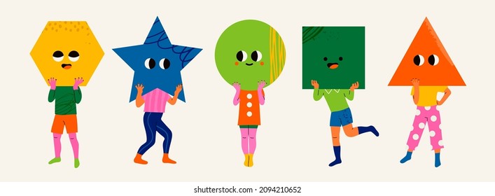 Playful people holding geometric shapes with faces instead of heads. Big colorful heads with various Emotions. Different mood concept. Hand drawn Vector illustration. Every person is isolated