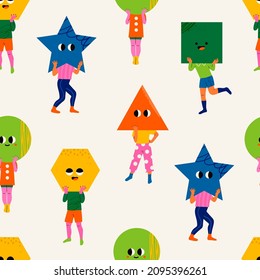 Playful people holding geometric shapes with faces instead of heads. Big colorful heads with various Emotions. Different mood concept. Hand drawn Vector seamless Pattern. Background, wallpaper