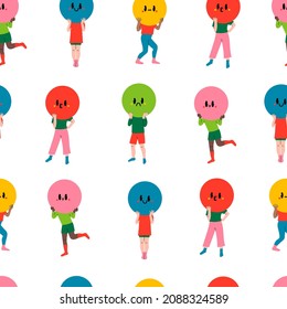 Playful people holding large circles with faces instead of heads. Big round colorful heads with various Emotions. Different mood concept. Hand drawn Vector seamless Pattern. Background, wallpaper