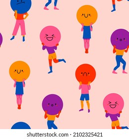 Playful people holding large circles with faces instead of heads. Big round colorful heads with various Emotions. Different mood concept. Hand drawn Vector seamless Pattern. Background, wallpaper