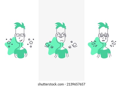 Gente juguetona sosteniendo grandes círculos con caras en lugar de cabezas. Grandes cabezas redondas coloridas con varias emociones. Concepto de humor diferente. Ilustración de vectores dibujada a mano. Todas las personas están aisladas