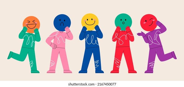 Playful people holding large circles with faces instead of heads. Big round colorful heads with various Emotions. Different mood concept. Every person is isolated. Colorful vector illustration
