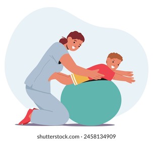 Playful Physical Therapy With A Child Lying On An Exercise Ball As Therapist Guides Their Movements, Promoting Rehabilitation Through Engaging, Age-appropriate Activities. Cartoon Vector Illustration