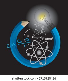 Playful physics, concept.
Illustration of colorful twisted pencil with light bulb  and physics symbols. Vector available.