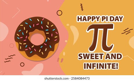 A playful Pi Day banner featuring the Pi symbol next to a donut with colorful sprinkles, celebrating the sweetness and infinite nature of Pi.