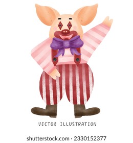 Playful Pig in Halloween Clown Costume: Trick or Treat with a Touch of Watercolor Style