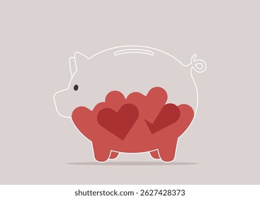 Ein verspieltes Sparschwein präsentiert eine Reihe roter Herzen, die in sich gepackt sind und die Pflege emotionalen Reichtums und persönlicher Beziehungen darstellen