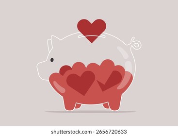 Una alcancía juguetona muestra una variedad de corazones rojos repletos en su interior, que representan la riqueza emocional y las conexiones personales