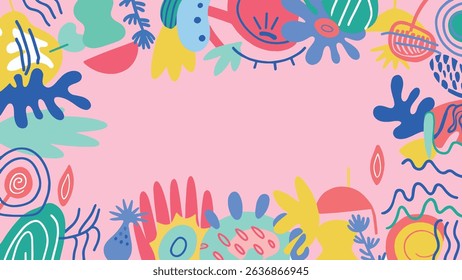 Playful Pink Abstract Floral Frame with Bold Shapes and Vibrant Doodles