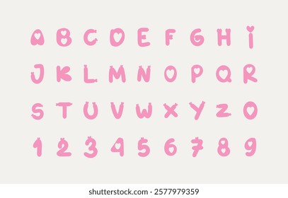 Playful pink alphabet with heart-shaped accents in letters and numbers. Perfect for Valentine’s Day, wedding designs, or romantic typography projects.