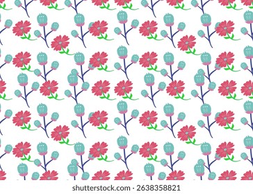 Playful Pink and Blue Floral Sprig Pattern. Cheerful seamless vector pattern featuring alternating rows of stylized pink flowers with green leaves and blue flower buds on thin branches. 