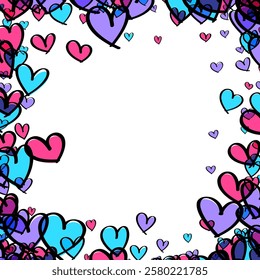 Playful pink, blue, and purple hearts forming a vibrant circular frame on a white background. Vector illustration.