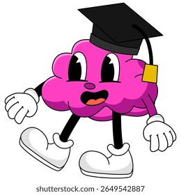 Playful pink brain character with a graduation cap and sneakers, symbolizing academic achievement and joyful learning.