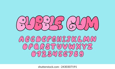 Playful pink bubble font inspired by 90s and Y2K themes. Puffy cartoon letters perfect for trendy and fun designs. Includes uppercase letters, numbers, and symbols.