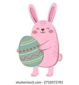 Playful pink bunny with easter egg illustration in hand drawn primitive style. Cute childish spring artwork for kids design