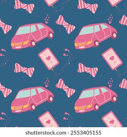 Playful pink car, phone, and bow pattern on blue background for kids' designs.