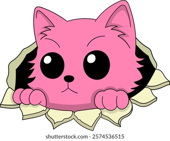 A playful pink cartoon cat with large, curious eyes, peeking out from a torn hole, creating an adorable and fun design