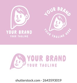 Playful pink cartoon girl logo with an expressive face. Ideal for creative kids' brands, personal logos, or product packaging. Fully editable EPS vector file included